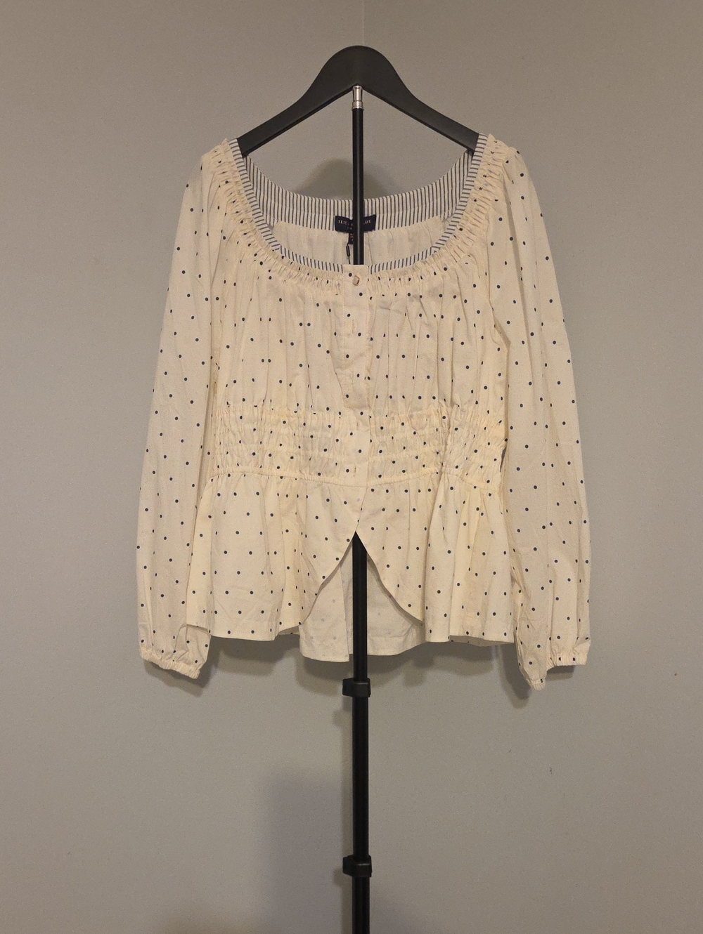 Skies Are Blue Cream Peasant Blouse with Navy Dot Print